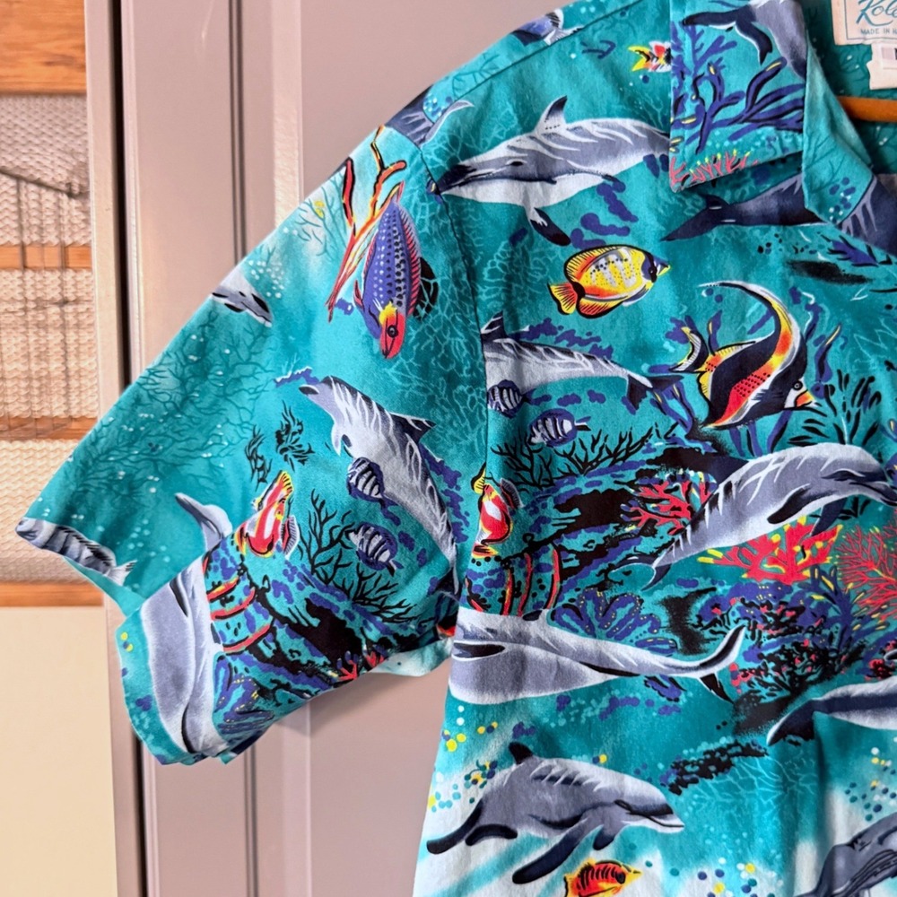 Kolekole Vintage Mens Hawaiian Marine Life Aloha Shirt, Teal, M - Picture 4 of 12
